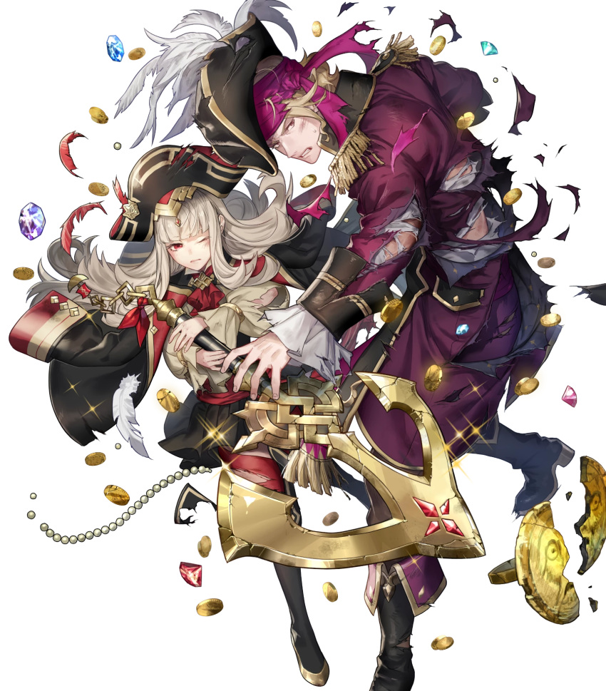 1boy 1girl bangs blonde_hair boots detached_sleeves fire_emblem fire_emblem_fates fire_emblem_heroes full_body grey_hair hat highres knee_boots long_sleeves official_art pants pirate_hat red_eyes red_legwear skirt thigh-highs transparent_background veronica_(fire_emblem) xander_(fire_emblem) zettai_ryouiki