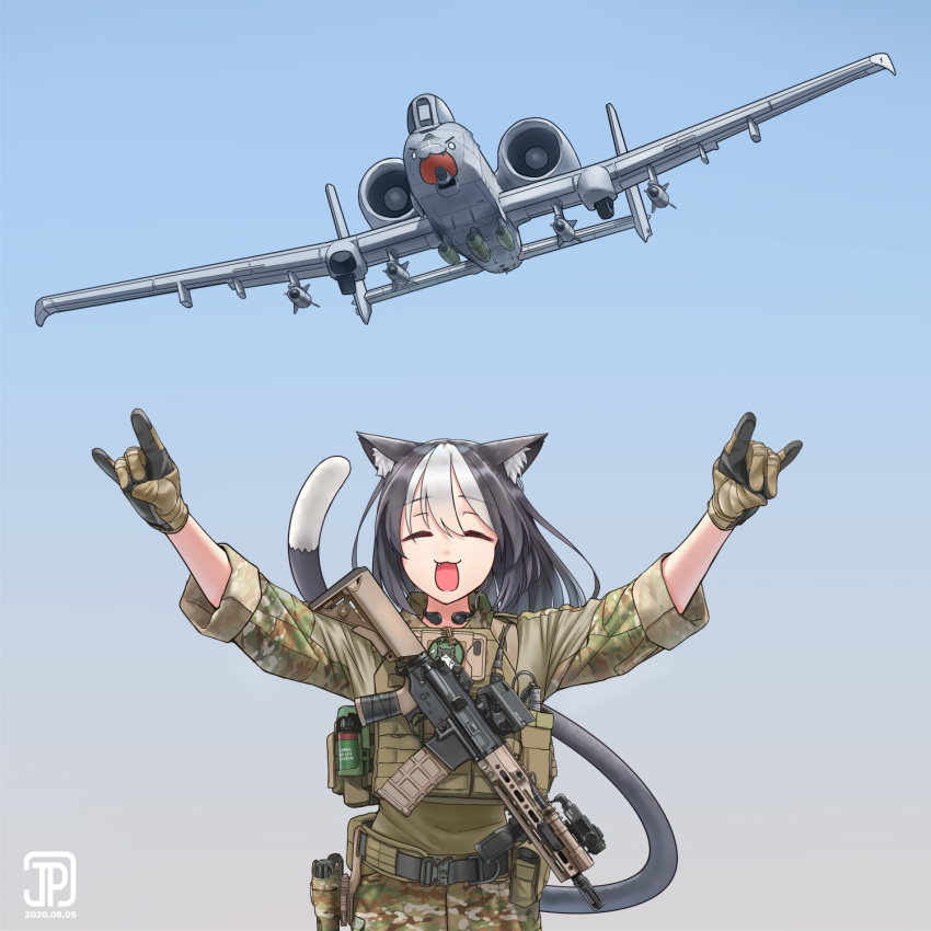 1girl a-10_thunderbolt_ii aircraft airplane assault_rifle battle_rifle camouflage desert_camouflage foregrip glock gun h&amp;k_hk417 handgun highres holstered_weapon jet jpc load_bearing_vest military military_operator military_vehicle original rifle sling_(weapon) soldier weapon woodland_camouflage