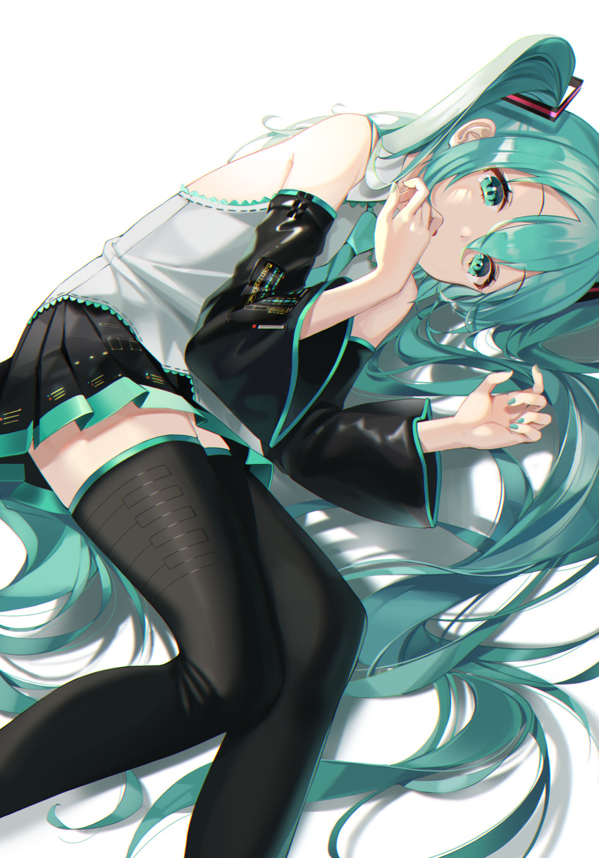 1girl absurdres bangs bare_shoulders black_legwear black_skirt blue_eyes blue_hair blue_nails boots buri_(retty9349) clenched_hand commentary_request detached_sleeves fetal_position hair_between_eyes hair_ornament hand_on_own_face hand_to_own_mouth hatsune_miku head_tilt highres long_sleeves looking_at_viewer lying miniskirt nail_polish on_side short_hair skirt thigh-highs thigh_boots twintails very_short_hair vocaloid zettai_ryouiki