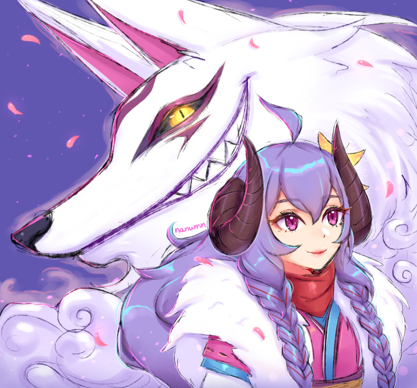 1girl ahoge alternate_costume alternate_eye_color alternate_hair_color alternate_hairstyle animal_ears cherry_blossoms curled_horns eyebrows_visible_through_hair flower fur grin hair_between_eyes hair_flower hair_ornament highres horns japanese_clothes kindred lamb_(league_of_legends) league_of_legends long_hair long_sleeves looking_at_viewer nanumn open_mouth petals pink_eyes plum_blossoms purple_hair smile spirit_blossom_kindred twintails white_fur wolf wolf_(league_of_legends)