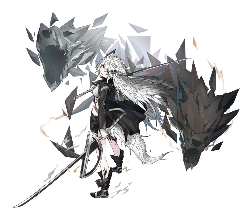 1girl animal_ears arknights bangs black_footwear black_jacket black_shorts boots breasts crop_top dual_wielding eyebrows_visible_through_hair floating_hair grey_eyes hair_between_eyes hair_ornament hairclip highres holding holding_sword holding_weapon jacket katana kazana_(sakuto) lappland_(arknights) long_hair looking_at_viewer looking_back medium_breasts open_clothes open_jacket ore_lesion_(arknights) parted_lips scar scar_across_eye short_shorts shorts simple_background smile solo standing sword tail very_long_hair weapon white_background white_hair