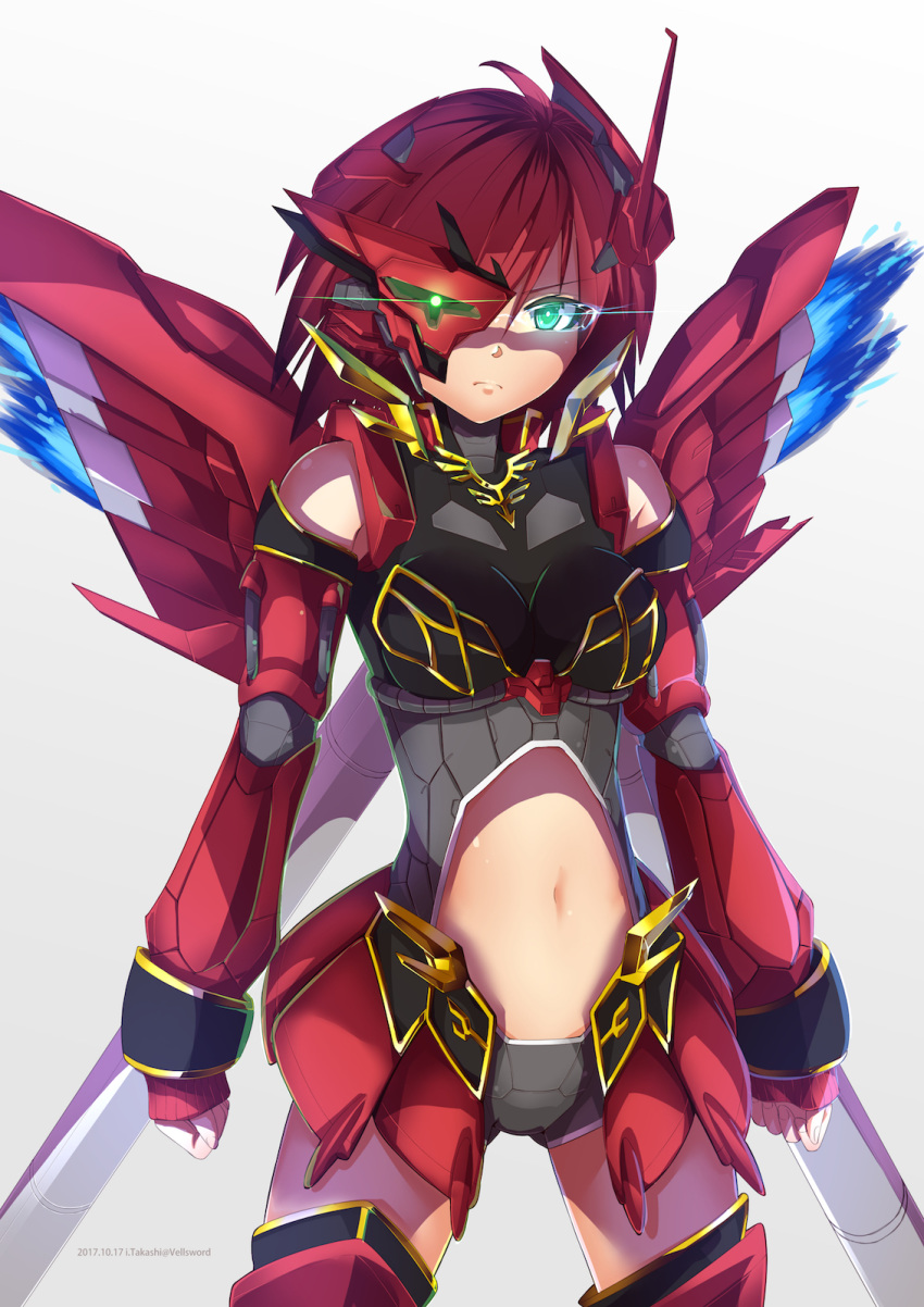 1girl breasts clenched_hands cowlick floating_hair glowing glowing_eyes green_eyes gundam gundam_unicorn half_mask highres i.takashi mecha_musume medium_breasts midriff midriff_cutout navel one_eye_covered personification redhead short_hair sinanju solo thrusters zeon