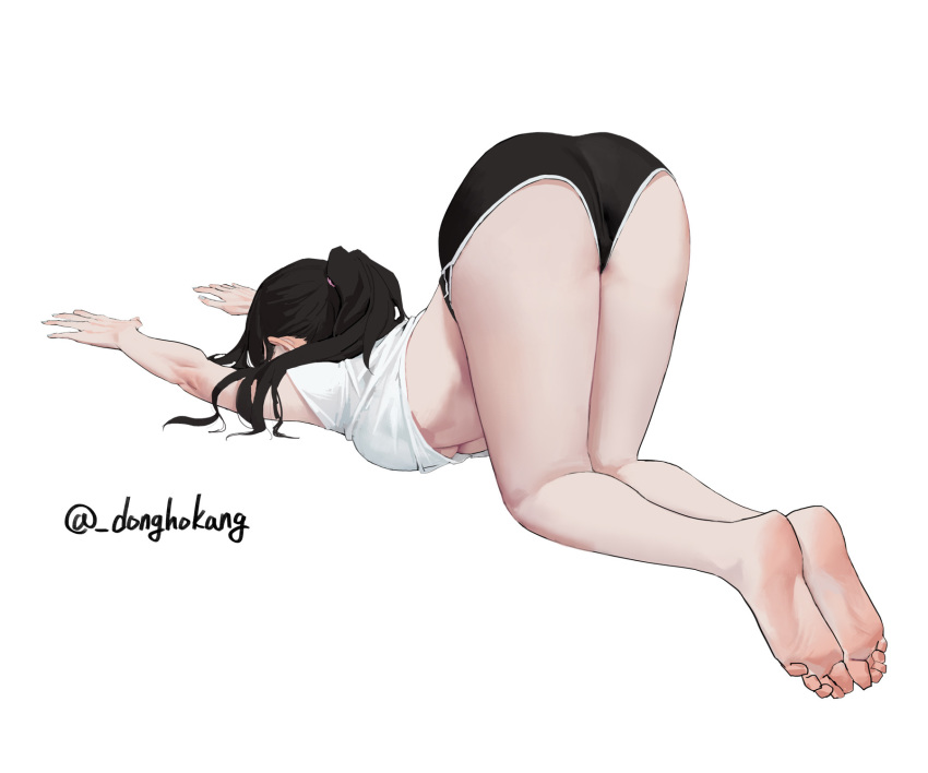 1girl all_fours artist_name ass bare_legs barefoot black_hair boyshort_panties breasts dongho_kang feet full_body highres large_breasts long_hair original ponytail shirt_lift simple_background soles solo top-down_bottom-up under_boob white_background