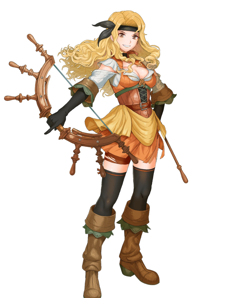 1girl belt black_gloves black_headband blonde_hair bow_(weapon) brigid_(fire_emblem) brown_belt brown_eyes fire_emblem fire_emblem:_genealogy_of_the_holy_war fire_emblem_heroes gloves headband highres holding holding_weapon long_hair official_art solo transparent_background weapon