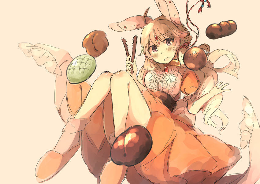 1girl absurdres ahoge animal_ears blush bread brooch diadem dress food grey_background highres holding inazakura00 jewelry long_dress long_hair looking_at_viewer melon_bread open_mouth orange_dress original parted_lips puffy_short_sleeves puffy_sleeves rabbit_ears sash short_sleeves simple_background solo violet_eyes