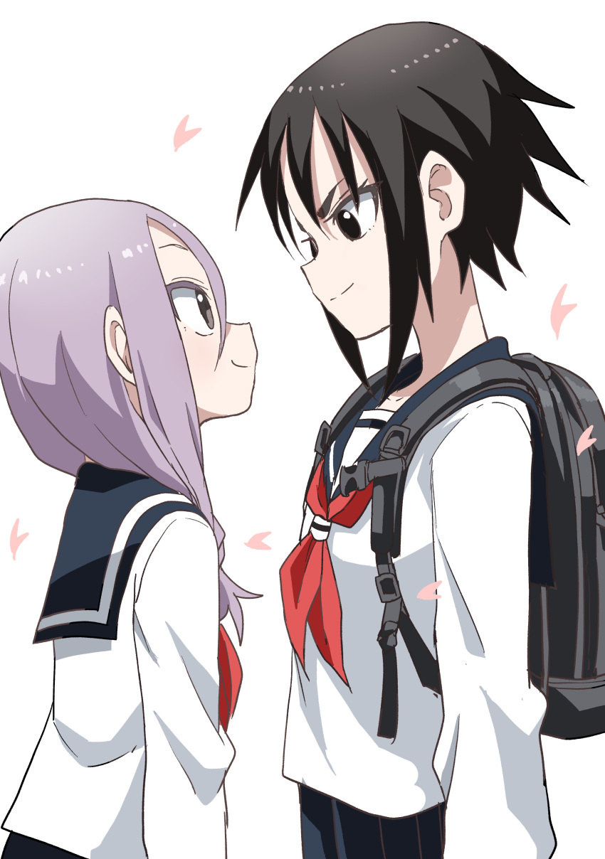2girls absurdres backpack bag bangs black_eyes black_hair black_sailor_collar black_skirt braid brown_eyes character_request closed_mouth commentary_request eye_contact hair_between_eyes hair_over_shoulder highres long_hair long_sleeves looking_at_another multiple_girls neckerchief petals pleated_skirt profile purple_hair red_neckwear sailor_collar school_uniform serafuku shirt short_hair shougi_no_yatsu simple_background skirt smile thick_eyebrows v-shaped_eyebrows white_background white_shirt yamamoto_souichirou yaotome_urushi