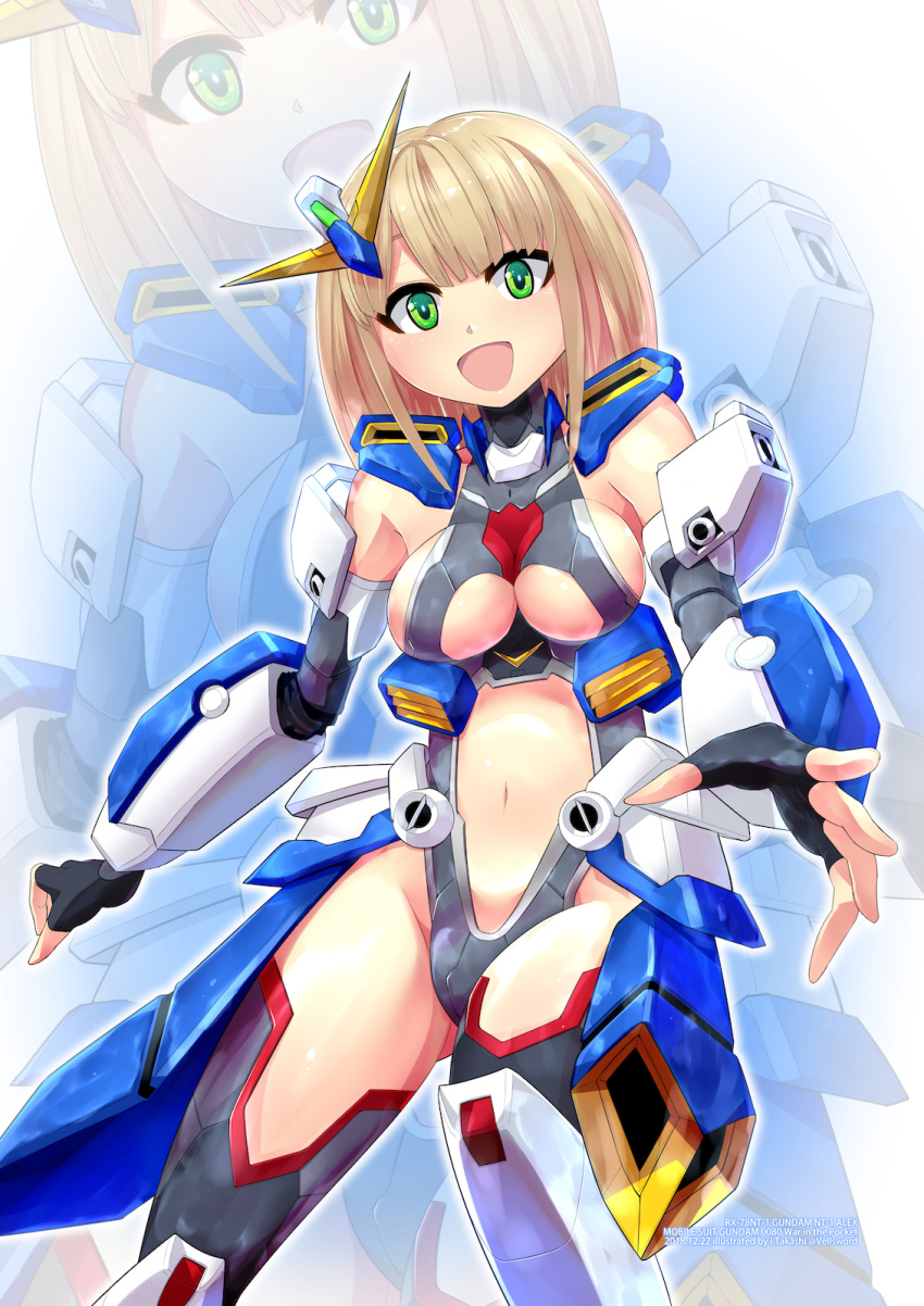 bangs blonde_hair breasts fingerless_gloves gloves green_eyes gundam gundam_0080 gundam_alex highleg highres i.takashi looking_at_viewer mecha_musume medium_breasts midriff midriff_cutout navel open_hands open_mouth personification short_hair sideboob smile solo under_boob v-fin zoom_layer