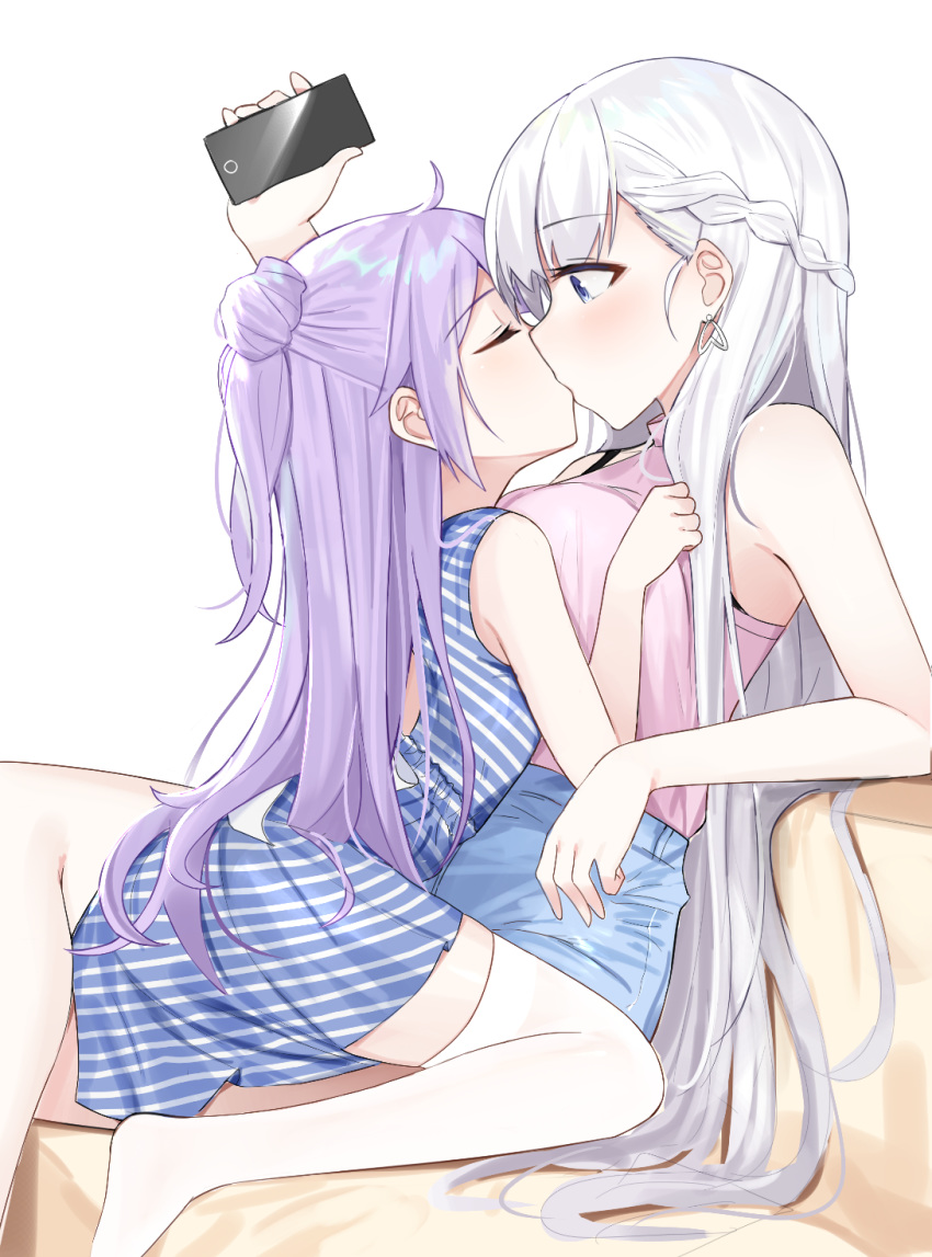 2girls ahoge alternate_costume armpits azur_lane belfast_(azur_lane) blue_dress blue_eyes braid breasts casual cellphone closed_eyes contemporary couch dress earrings from_side hair_bun highres holding horizontal_stripes jewelry kiss large_breasts long_hair multiple_girls one_side_up phone purple_hair shengtian side_bun simple_background sitting size_difference smartphone striped striped_dress thigh-highs unicorn_(azur_lane) white_background white_hair white_legwear yuri zettai_ryouiki