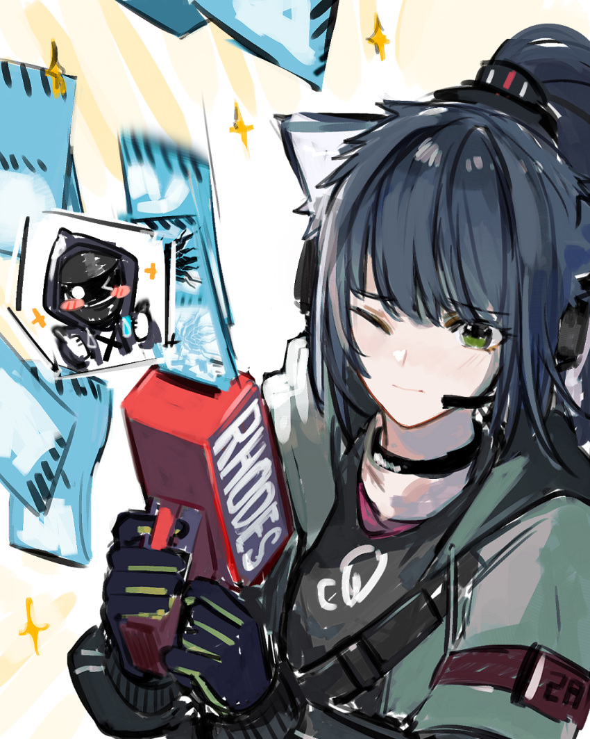 1girl 3o_c animal_ears arknights black_gloves black_hair black_shirt cat_ears eyebrows_visible_through_hair gloves green_eyes headset high_ponytail highres hood hood_down hooded_jacket jacket jessica_(arknights) long_hair one_eye_closed shirt solo upper_body