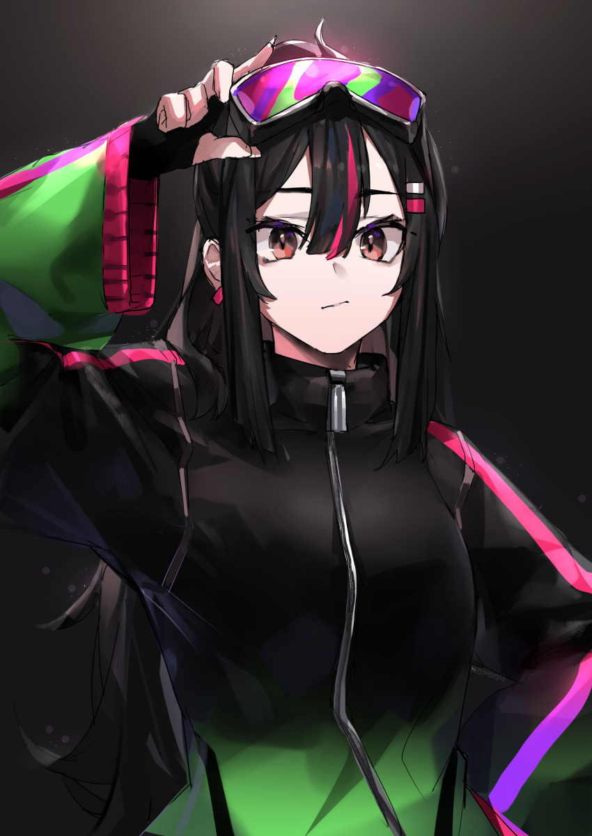 1girl absurdres black_background black_hair fingerless_gloves gloves goggles goggles_on_head hair_between_eyes highres long_hair looking_at_viewer neonbeat original pink_hair solo upper_body zipper