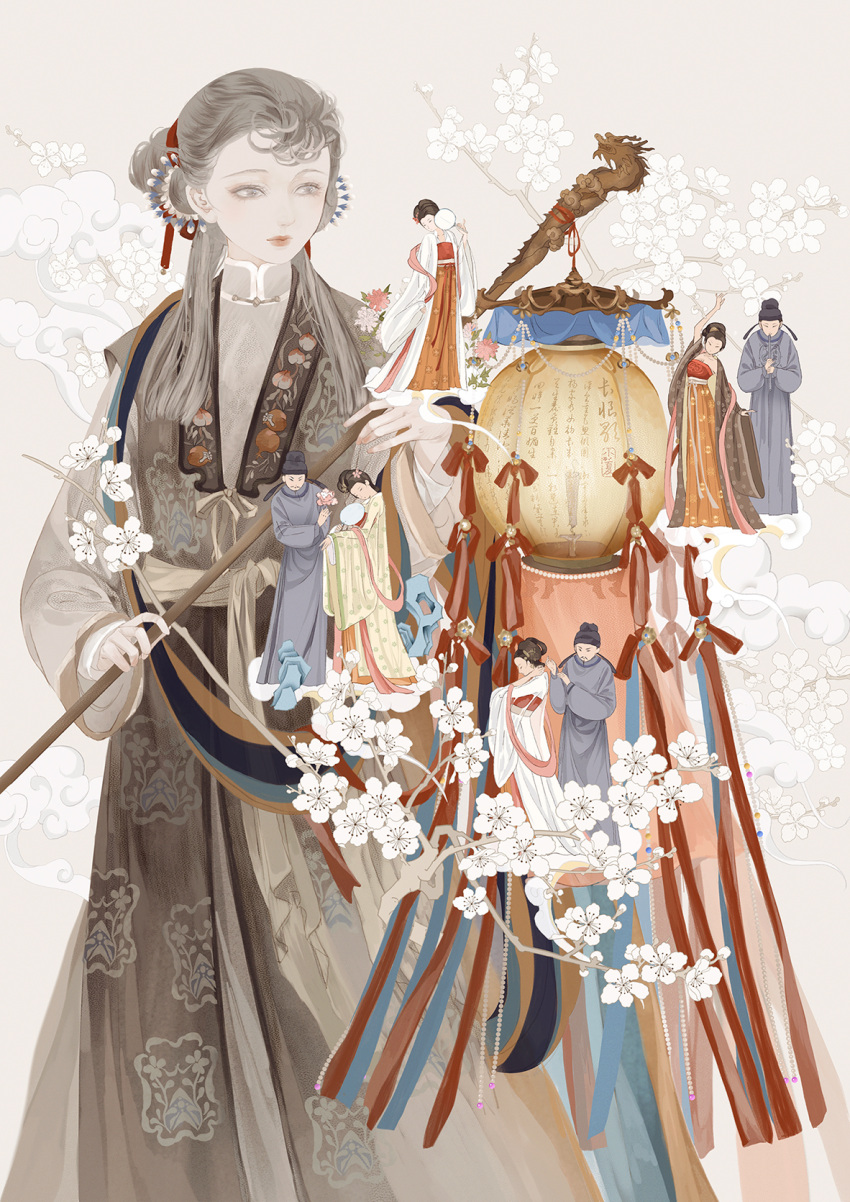 3boys 5girls arm_up bangs beads black_background branch chinese_clothes chinese_commentary closed_mouth clouds coat commentary_request dancing dragon dress earrings eastern_dragon eyelashes flat_chest floral_background floral_print flower flower_button flute food fruit gem giving grey_background guan_hat hagoromo hair_bun hair_flower hair_ornament hair_ribbon hair_rings half_updo hand_fan hand_up hands_up hanfu head_tilt hetero highres holding holding_fan holding_flower instrument jewelry lantern layered_sleeves light_particles lipstick long_hair long_sleeves looking_at_another makeup miniboy minigirl multiple_boys multiple_girls music off_shoulder original paper_fan paper_lantern peach playing_instrument ribbon robe sash shawl sleeves_past_wrists solo_focus standing strapless uchiwa updo white_flower wide_sleeves xiaoxia_xj