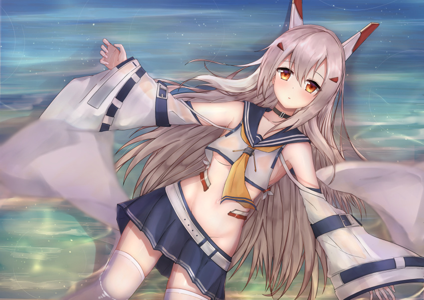 1girl afloat ascot ayanami_(azur_lane) azur_lane belt choker collarbone commentary_request detached_sleeves groin hair_down hair_ornament hairclip headgear highres kuaua long_hair looking_at_viewer lying midriff navel ocean orange_eyes outstretched_arms parted_lips pleated_skirt retrofit_(azur_lane) school_uniform see-through_silhouette serafuku silver_hair skirt solo spread_arms thigh-highs wet wet_clothes white_legwear wide_sleeves zettai_ryouiki