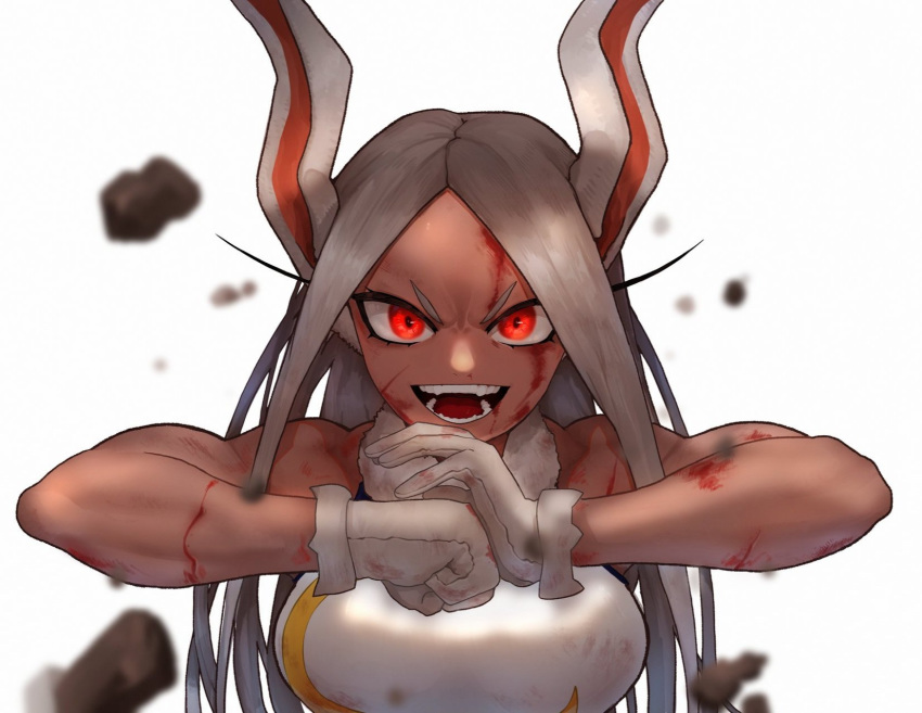 1girl animal_ears bare_shoulders blood blood_on_face boku_no_hero_academia breasts bunny_girl eungi gloves highres large_breasts long_hair looking_at_viewer mirko muscle muscular_female open_mouth rabbit_ears red_eyes simple_background sleeveless solo teeth tongue upper_body white_background white_hair