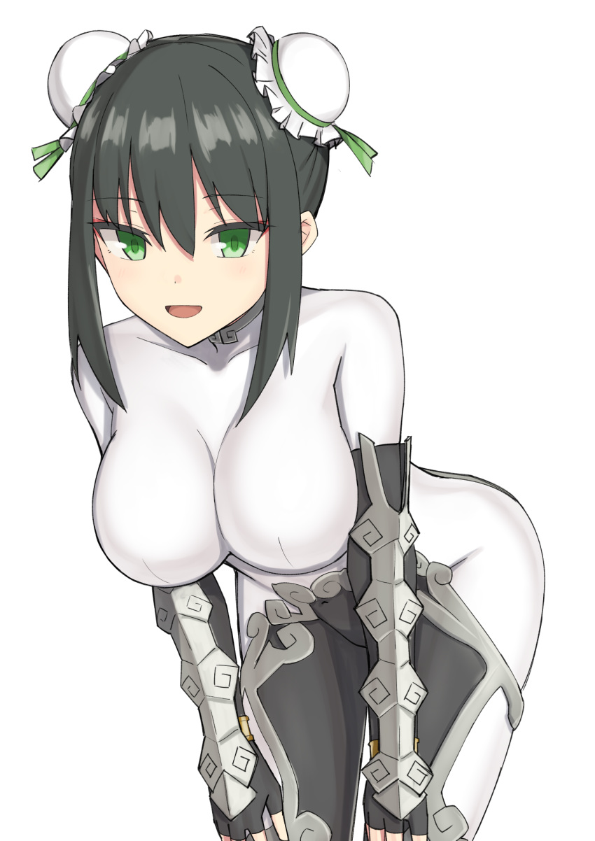 1girl arm_guards bangs black_gloves black_hair blush bodysuit breasts bun_cover chinese_clothes double_bun elbow_gloves elfenlied22 fate/grand_order fate_(series) fingerless_gloves gloves green_eyes green_ribbon highres large_breasts leaning_forward looking_at_viewer open_mouth qin_liangyu_(fate) ribbon sidelocks simple_background smile white_background white_bodysuit