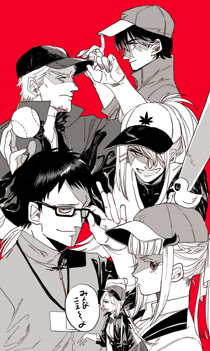 2girls adjusting_eyewear animal_on_head baseball baseball_bat baseball_cap commentary_request glasses grin hat highres jacket jinusi lize_helesta long_hair looking_at_viewer monochrome multiple_girls nijisanji on_head ponytail shiina_yuika short_hair simple_background smile sweat sweating_profusely