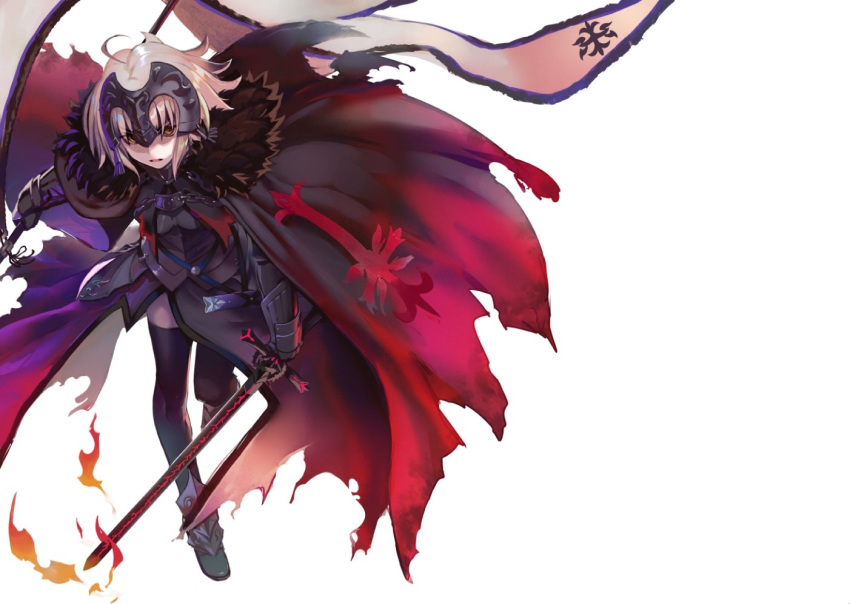 1girl ahoge banner black_legwear blonde_hair boots cape fate/grand_order fate_(series) fire fur-trimmed_cape fur_trim gauntlets headpiece holding holding_sword holding_weapon jeanne_d'arc_(alter)_(fate) jeanne_d'arc_(fate)_(all) looking_at_viewer negative_space parted_lips red_cape shirabi short_hair simple_background solo sword thigh-highs waist_cape weapon white_background yellow_eyes