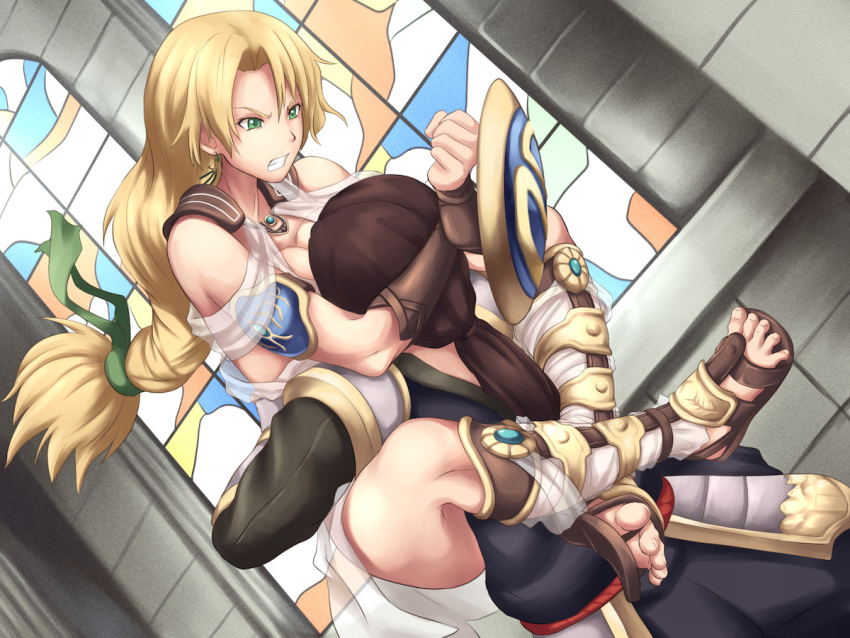 1boy 1girl angry blonde_hair brown_footwear brown_hair clenched_teeth determined gladiator_shoes green_eyes long_hair makura_no_doushi ponytail sandals serious shield sophitia_alexandra soulcalibur stained_glass teeth tied_hair wrestling
