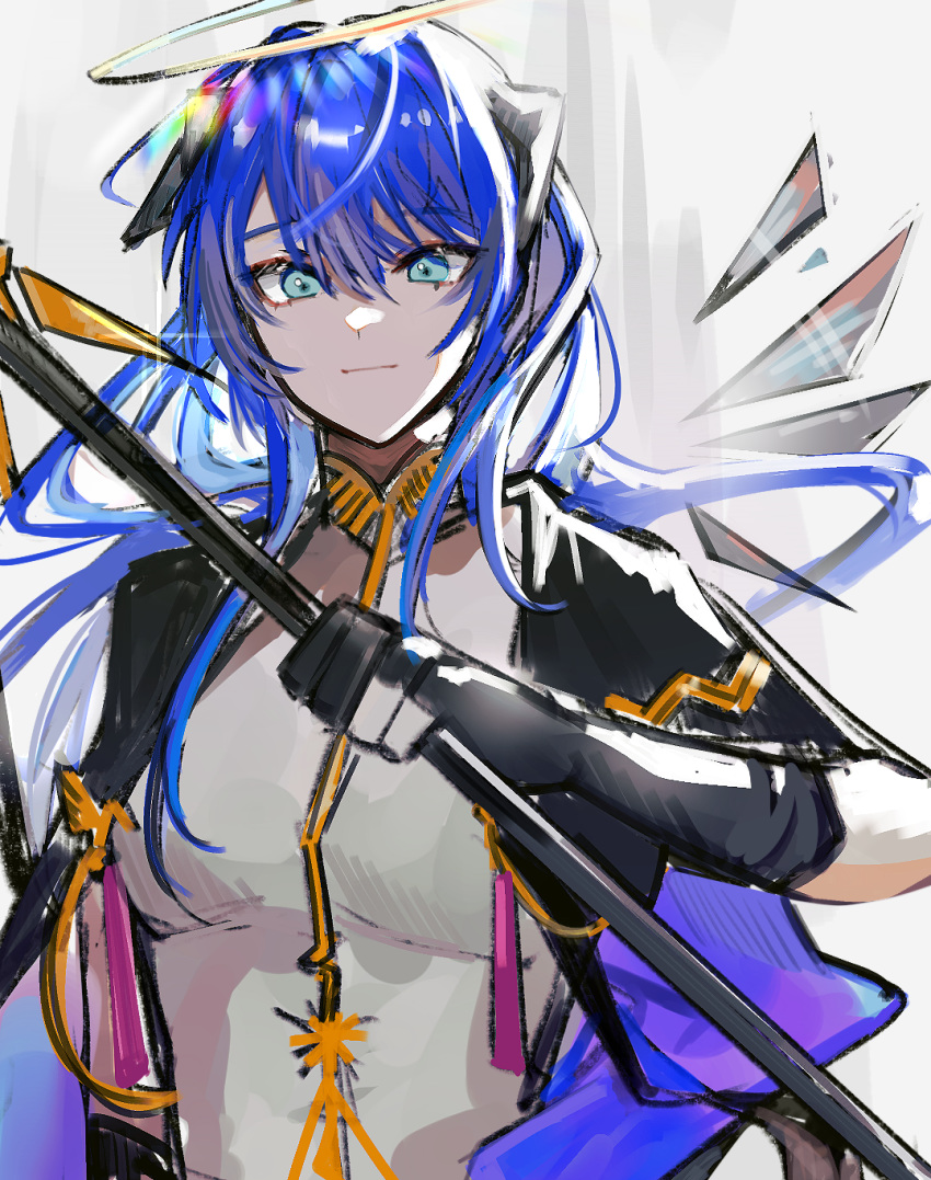 1girl 3o_c arknights black_gloves black_jacket blue_eyes blue_hair eyebrows_visible_through_hair gloves halo hand_up highres holding holding_staff horns jacket long_hair looking_at_viewer mostima_(arknights) shirt solo staff upper_body white_shirt wings