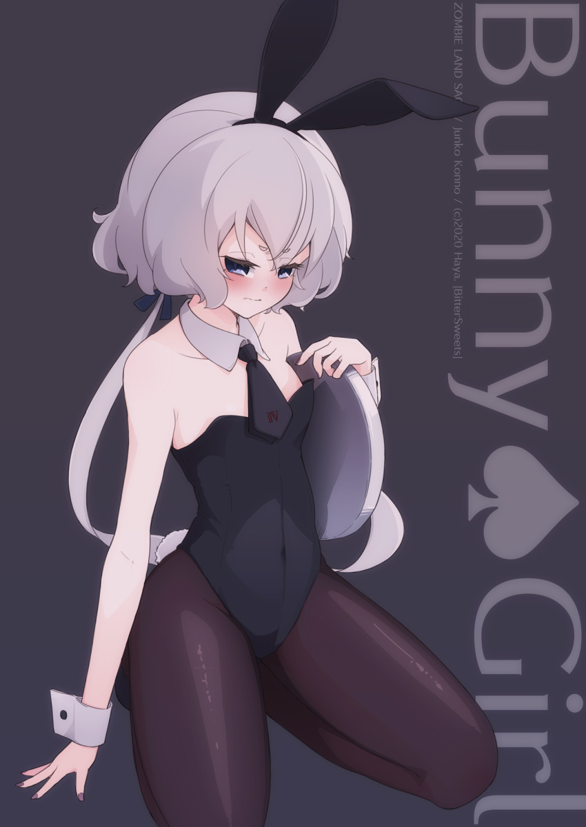 1girl animal_ears black_legwear black_leotard black_neckwear blue_eyes breasts bunny_girl bunnysuit commentary_request detached_collar grey_background haya_bs highres kneeling konno_junko leotard long_hair low_twintails neckerchief pantyhose rabbit_ears small_breasts solo strapless strapless_leotard tray twintails white_hair wrist_cuffs zombie_land_saga