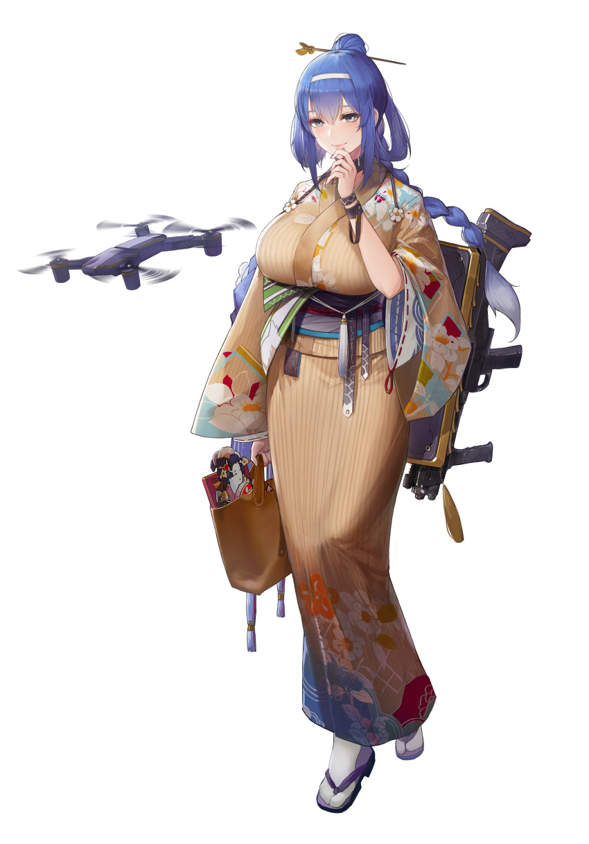 absurdres blue_hair breasts dp-12_(girls_frontline) drone girls_frontline gun highres japanese_clothes kimono pandea_work weapon