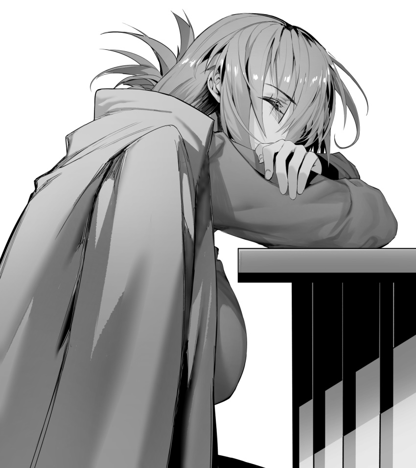 1girl braid braided_ponytail breasts closed_eyes fate/grand_order fate_(series) florence_nightingale_(fate/grand_order) folded_ponytail gloves greyscale highres hxd jacket jacket_on_shoulders large_breasts long_hair long_sleeves military_jacket monochrome sitting sleeping