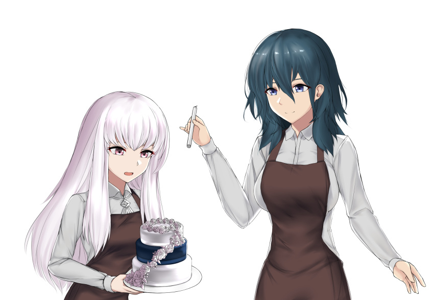 2girls alternate_costume apron blue_eyes blue_hair byleth_(fire_emblem) byleth_eisner_(female) cake candle closed_mouth fire_emblem fire_emblem:_three_houses food highres holding holding_plate jirachirachi long_hair long_sleeves lysithea_von_ordelia multiple_girls open_mouth pink_eyes plate simple_background smile upper_body white_background white_hair