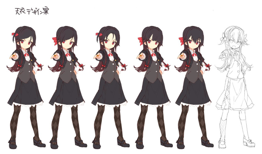 1girl argyle argyle_legwear black_footwear black_skirt brown_hair closed_mouth concept_art gradient_hair grey_vest hand_on_hip long_sleeves looking_at_viewer multicolored_hair multiple_views pantyhose pointing pointing_at_viewer red_eyes redhead ryuuou_no_oshigoto! shirabi shoes skirt vest yashajin_ai
