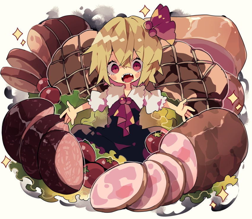 1girl black_dress blonde_hair blush_stickers commentary dress food hair_ribbon ham highres in_food looking_at_viewer nikorashi-ka open_mouth outstretched_arms oversized_food red_eyes red_neckwear red_ribbon ribbon rumia sharp_teeth shirt short_hair short_sleeves simple_background solo sparkle teeth tomato touhou white_background white_shirt