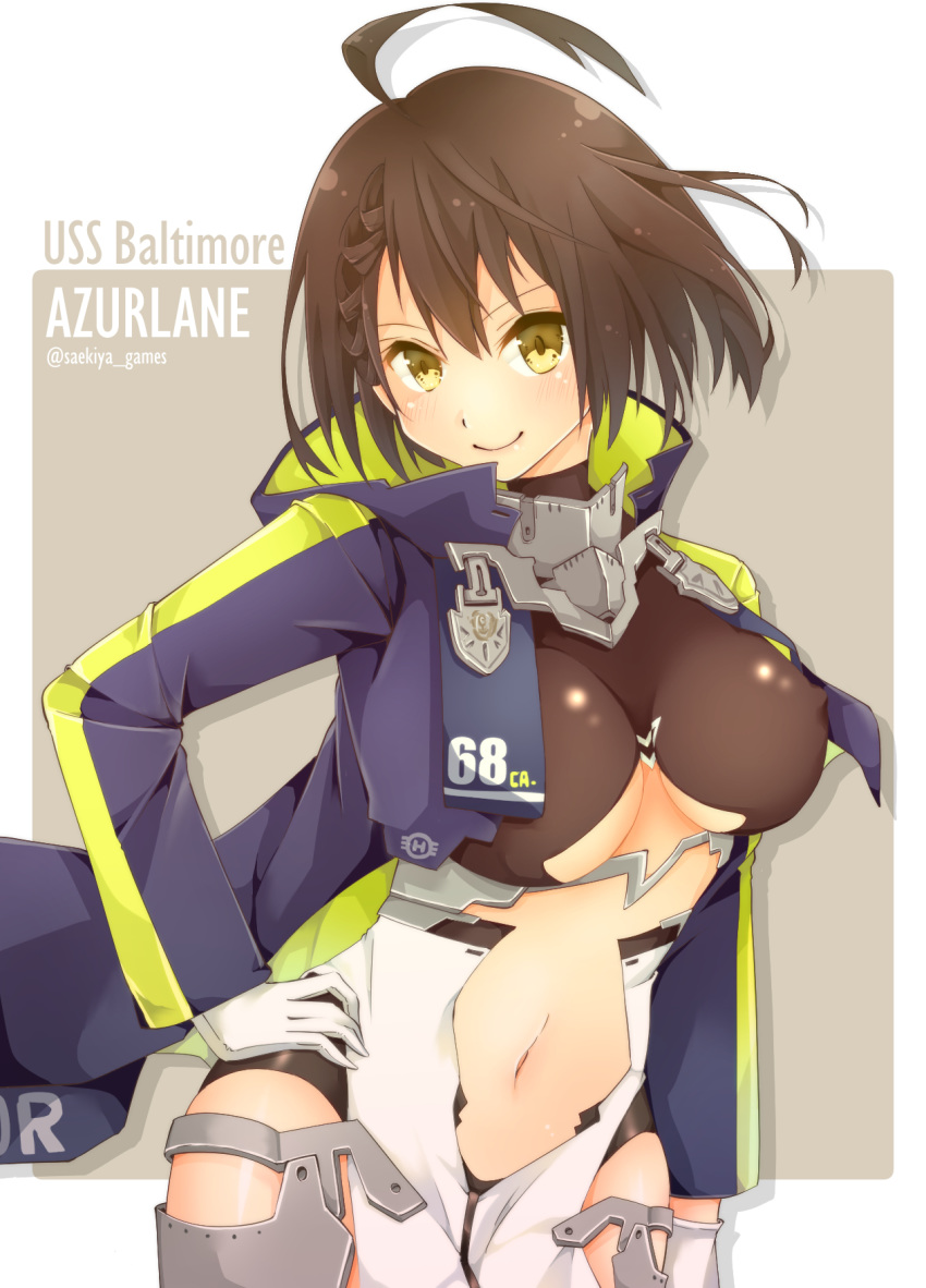 1girl ahoge azur_lane baltimore_(azur_lane) bangs black_shirt blue_coat blush braid breasts brown_hair center_opening character_name coat commentary_request copyright_name covered_nipples cowboy_shot eyebrows_behind_hair faulds french_braid gloves grey_background hair_between_eyes hand_on_hip highres hood hood_down hooded_coat large_breasts leotard long_sleeves looking_at_viewer multicolored_coat navel navel_cutout number open_clothes open_coat pelvic_curtain saekiya_sabou shirt short_hair side_slit sidelocks simple_background smile solo standing twitter_username under_boob underboob_cutout white_gloves white_leotard yellow_eyes