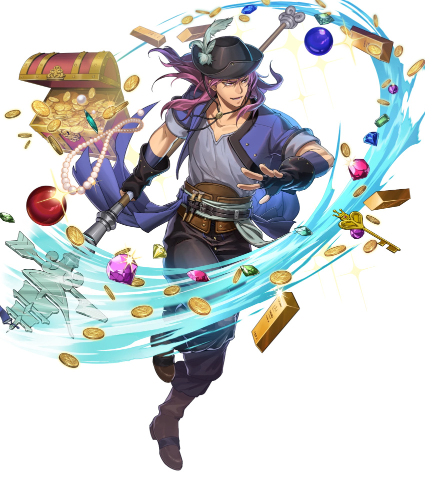 1boy alternate_costume belt boots coin feathers fingerless_gloves fire_emblem fire_emblem:_the_binding_blade fire_emblem_heroes full_body geese_(fire_emblem) gem gloves hat highres key long_hair official_art open_mouth pirate_hat polearm purple_hair solo sparkle spear teeth transparent_background treasure treasure_chest violet_eyes weapon