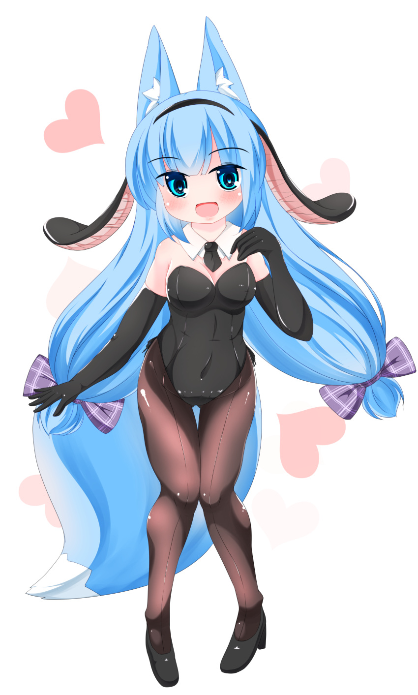 1girl :d animal_ear_fluff animal_ears bangs bare_shoulders black_footwear black_gloves black_hairband black_leotard black_neckwear blue_eyes blue_hair blush bow breasts brown_legwear bunnysuit collar commentary_request covered_navel detached_collar elbow_gloves eyebrows_visible_through_hair fake_animal_ears floppy_ears fox_ears fox_girl fox_tail full_body gloves hair_bow hairband hand_up heart high_heels highres kanijiru leotard long_hair looking_at_viewer low_twintails medium_breasts open_mouth original pantyhose purple_bow rabbit_ears shoes smile solo standing strapless strapless_leotard tail twintails very_long_hair white_background white_collar wing_collar