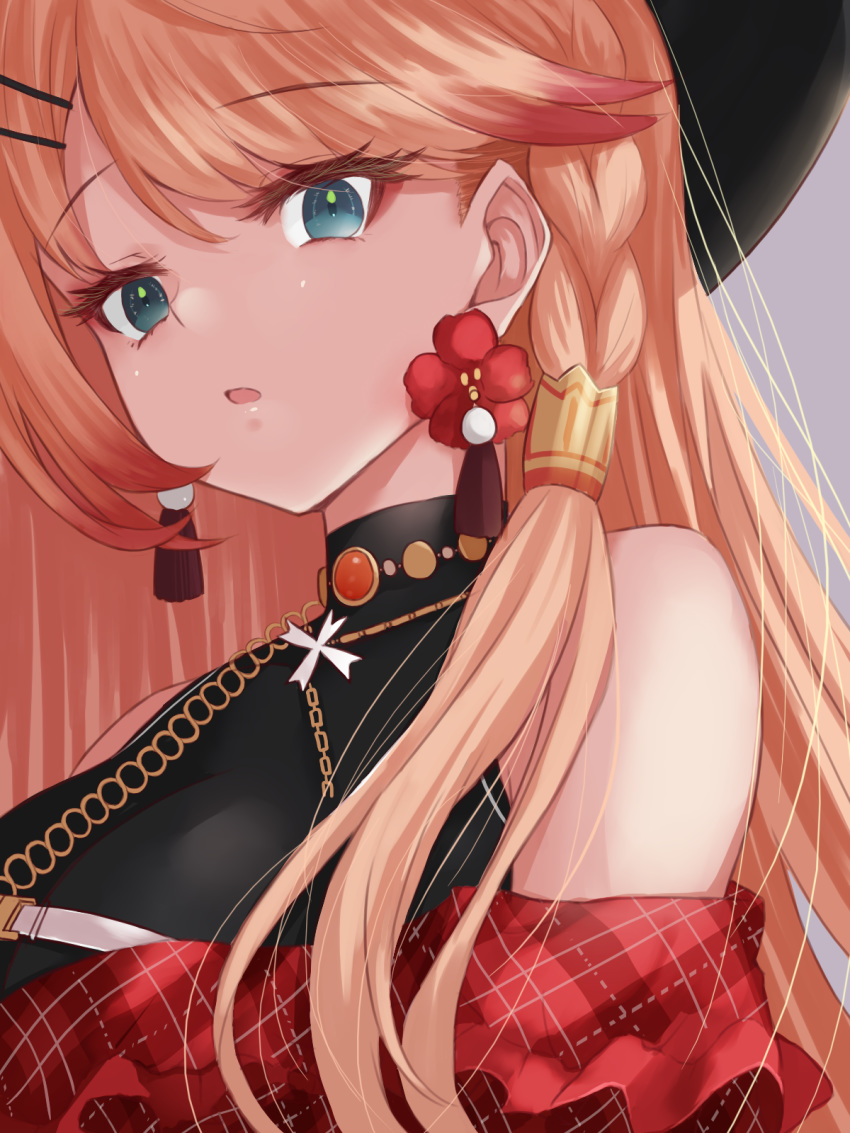 1girl azur_lane bangs blonde_hair braid earrings eyebrows_visible_through_hair flower_earrings green_eyes hat highres howe_(azur_lane) howe_(noble_rouge)_(azur_lane) jewelry long_hair looking_at_viewer miimu_(nelreg3) necklace open_mouth plaid single_braid solo_focus