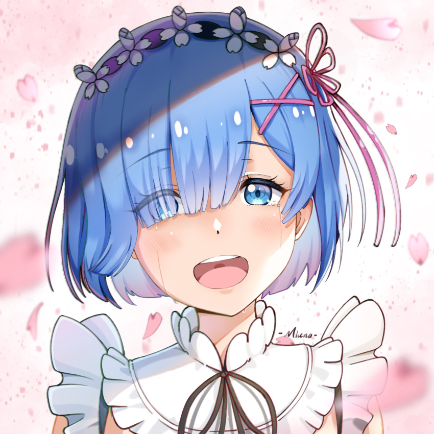 1girl artist_name bangs black_ribbon blue_eyes blue_hair blush breasts commentary_request crying crying_with_eyes_open eyebrows_visible_through_hair eyes_visible_through_hair face hair_ornament hair_over_one_eye hair_ribbon highres looking_at_viewer maid maid_headdress miunakun neck_ribbon petals pink_ribbon re:zero_kara_hajimeru_isekai_seikatsu rem_(re:zero) ribbon short_hair smile solo streaming_tears tears upper_teeth x_hair_ornament