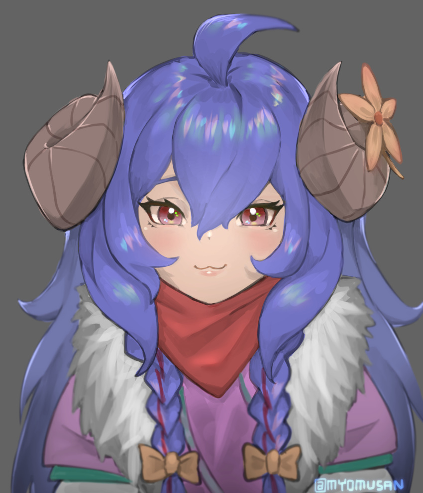 1girl :3 ahoge blue_hair blush bow closed_mouth face flower fur_trim grey_background hair_between_eyes hair_bow highres horn_flower horns kindred lamb_(league_of_legends) league_of_legends long_hair myomu orange_bow orange_flower red_eyes simple_background solo twitter_username upper_body