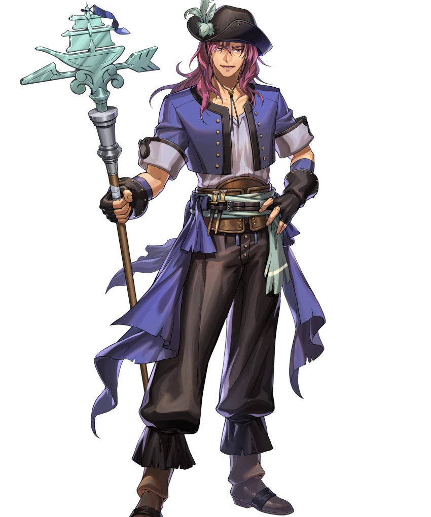 1boy alternate_costume belt boots feathers fingerless_gloves fire_emblem fire_emblem:_the_binding_blade fire_emblem_heroes full_body geese_(fire_emblem) gloves hat highres long_hair official_art open_mouth pirate_hat polearm purple_hair solo spear transparent_background violet_eyes weapon