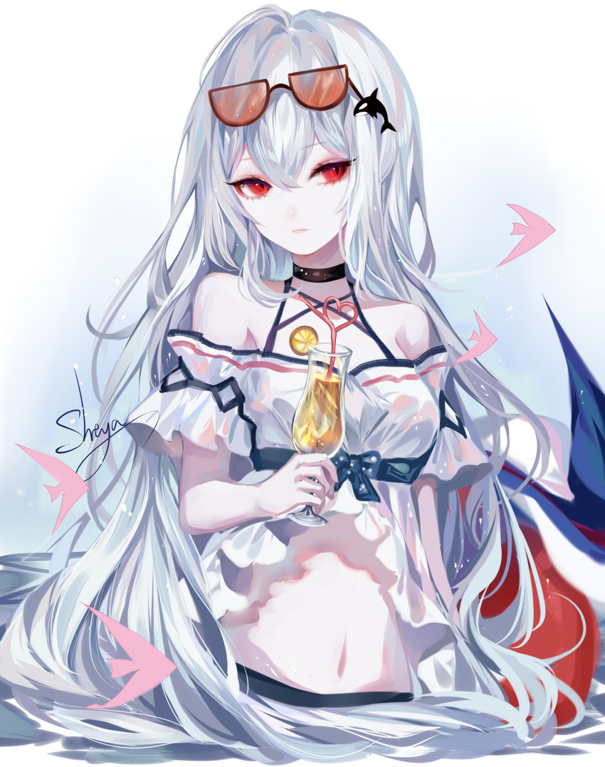 1girl absurdres arknights artist_name bangs bare_shoulders black_choker breasts chinese_commentary choker commentary_request cup drinking_glass eyewear_on_head hair_between_eyes highres holding holding_cup long_hair looking_at_viewer medium_breasts navel no_hat no_headwear red_eyes sheya signature silver_hair skadi_(arknights) solo stomach sunglasses upper_body very_long_hair
