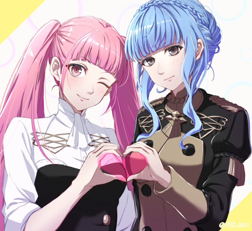 2girls blue_hair braid brown_eyes closed_mouth crown_braid fire_emblem fire_emblem:_three_houses garreg_mach_monastery_uniform heart heart_hands heart_hands_duo highres hilda_valentine_goneril long_hair long_sleeves marianne_von_edmund multiple_girls one_eye_closed pink_eyes pink_hair shinae smile twintails twitter_username uniform upper_body