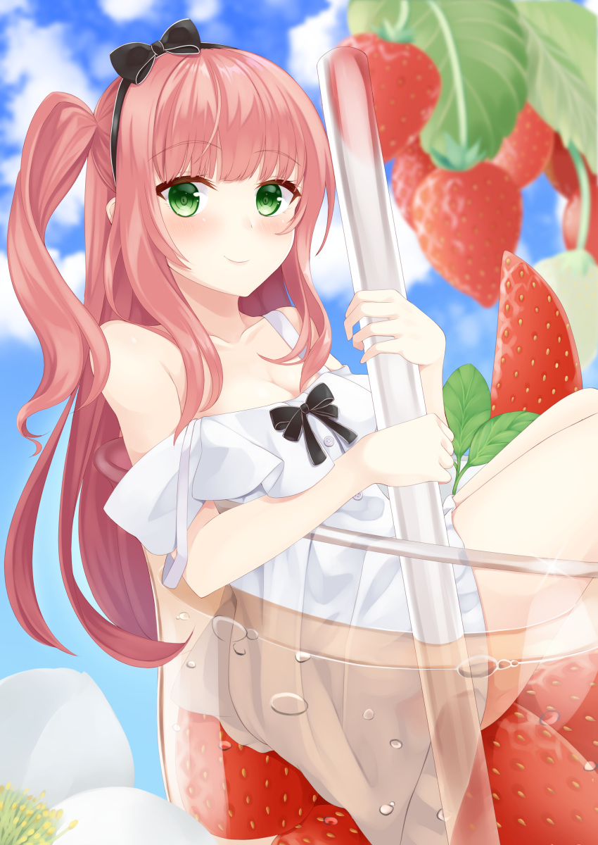1girl absurdres bow brown_hair character_request copyright_request cup dress dress_bow food fruit green_eyes hair_bow highres holding in_container in_cup long_hair looking_at_viewer minigirl moe2020 shaketarako side_ponytail sitting smile solo strawberry white_dress