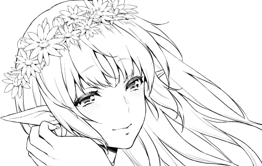 1girl blush closed_mouth daisy elf fingernails flower greyscale hair_flower hair_ornament head_wreath looking_at_viewer monochrome original pointy_ears shinti_(usagi_nagomu) smile solo usagi_nagomu white_background