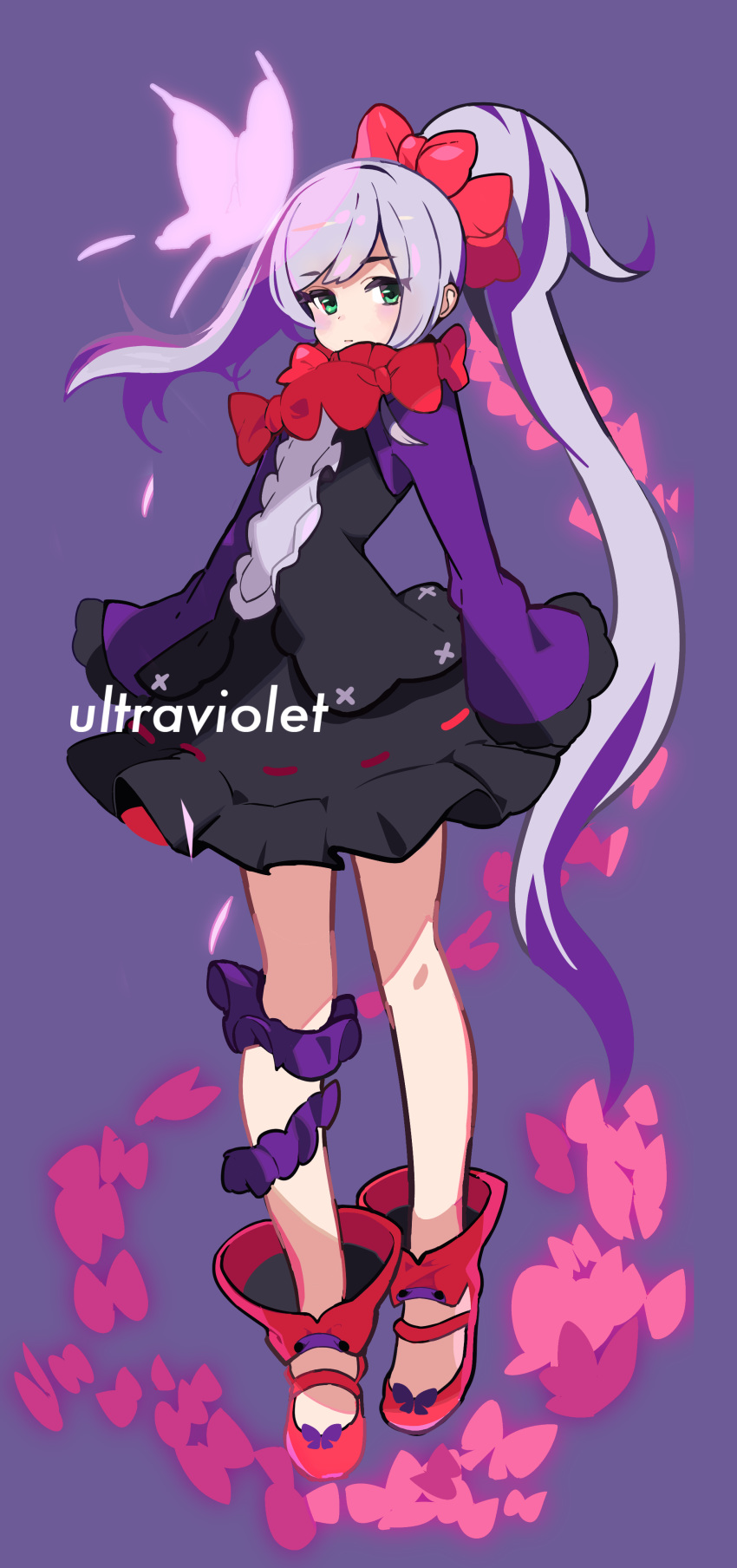 1girl absurdres black_dress bow bug butterfly closed_mouth dress english_text green_eyes hair_bow highres insect kurumitsu long_hair long_sleeves looking_at_viewer original ponytail purple_background purple_hair red_bow red_footwear red_neckwear scrunchie solo upper_body very_long_hair