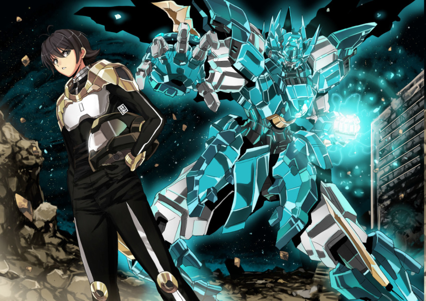 1boy black_hair blue_eyes clenched_hand eyebrows_visible_through_hair garimpeiro glowing glowing_eyes grey_eyes helmet holding holding_helmet looking_down mecha open_hand original pilot_suit scowl space v-shaped_eyebrows