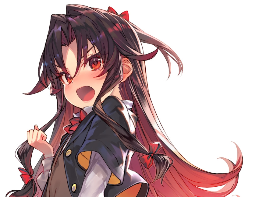 1girl black_jacket blush bow bowtie brown_hair closed_mouth from_side gradient_hair hair_flaps hair_ribbon hand_up jacket long_hair long_sleeves looking_at_viewer looking_to_the_side multicolored_hair one_side_up open_clothes open_jacket open_mouth red_bow red_eyes red_neckwear ribbon ryuuou_no_oshigoto! shirabi short_over_long_sleeves short_sleeves simple_background solo tress_ribbon upper_body white_background yashajin_ai