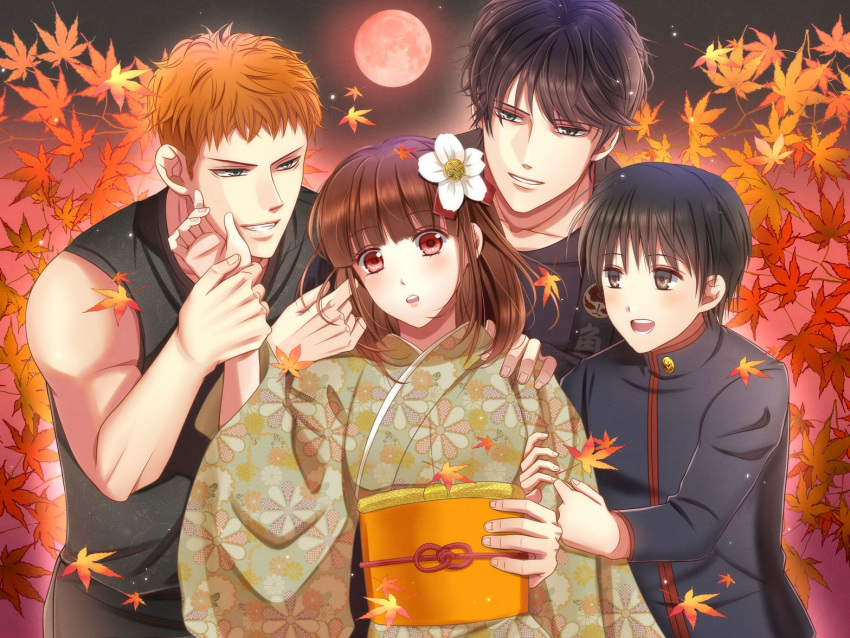 1girl 3boys :d arm_around_waist autumn_leaves bishounen black_hair black_shirt blue_eyes brown_eyes brown_hair commission flower green_kimono hair_flower hair_ornament hand_up holding_arm izumi_(stardustalone) japanese_clothes kimono medium_hair moon multiple_boys obi open_mouth red_eyes red_moon sash shirt sleeveless smile