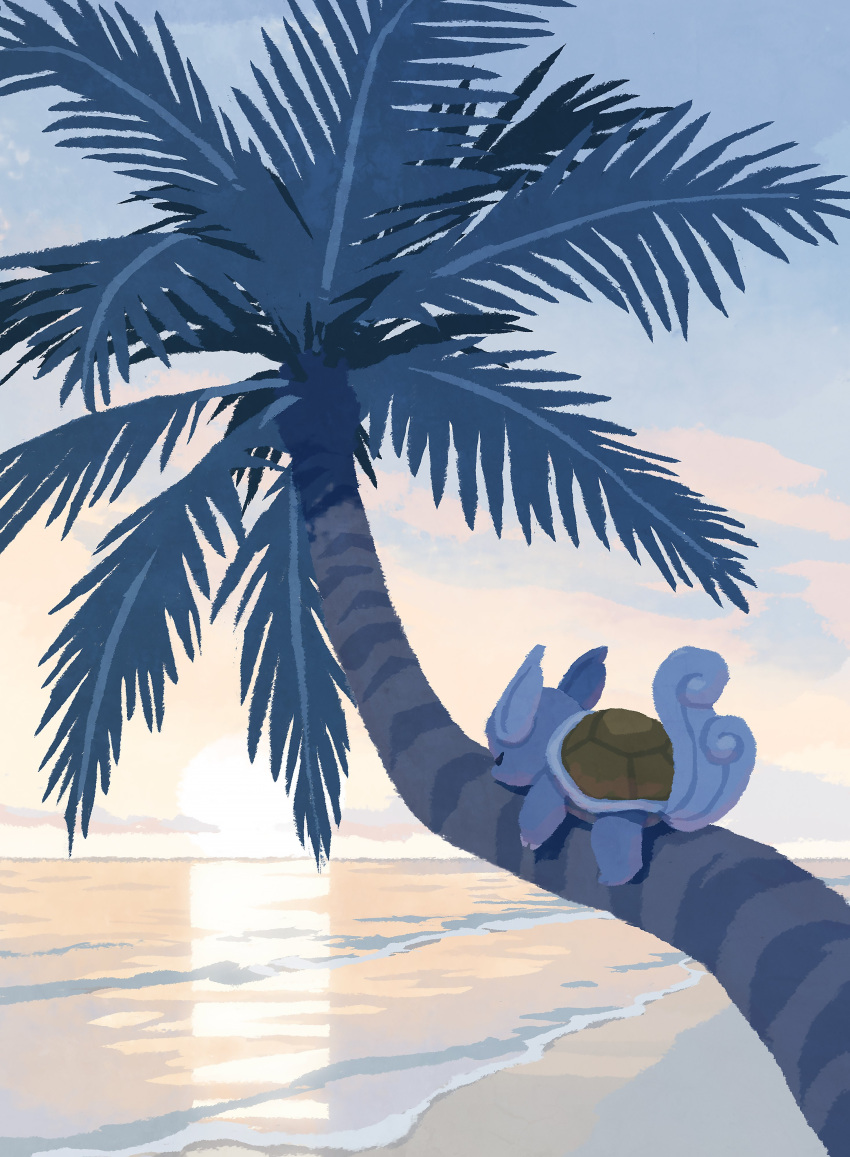 absurdres beach clouds highres hyogonosuke lying morning no_humans ocean on_stomach outdoors palm_tree pokemon pokemon_(creature) sand sky sleeping solo sunrise tail tree wartortle water