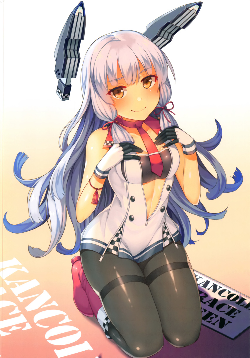 1girl absurdres adapted_costume bangs bare_shoulders black_legwear blunt_bangs boots checkered closed_mouth dress full_body gloves hair_ribbon hands_on_own_chest headgear highres horosuke_(toot08) kantai_collection kneeling long_hair looking_at_viewer murakumo_(kantai_collection) necktie orange_eyes pantyhose racequeen red_footwear remodel_(kantai_collection) ribbon sailor_dress scan shadow shiny shiny_clothes shiny_skin silver_hair sleeveless smile solo thighband_pantyhose tress_ribbon