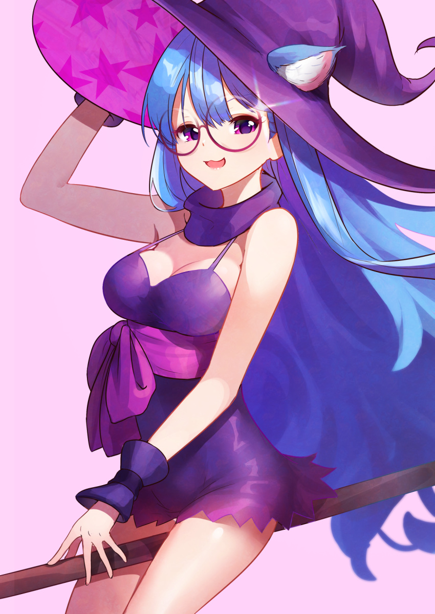 1girl animal_ears bare_shoulders blue_hair breasts broom dress glasses hat highres large_breasts long_hair marija_(muse_dash) muse_dash scar solo spica_(starlitworks) very_long_hair violet_eyes witch witch_hat