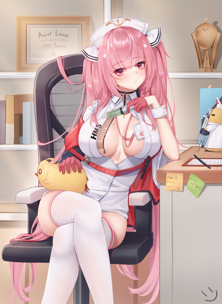 1girl azur_lane bangs blush breasts center_opening chair crossed_legs eyebrows_visible_through_hair gloves hair_ornament half_gloves hat highres holding holding_syringe id_card large_breasts long_hair looking_at_viewer manjuu_(azur_lane) nurse nurse_cap perseus_(azur_lane) perseus_(nursery_service_time)_(azur_lane) pink_eyes pink_gloves pink_hair sitting solo syringe thigh-highs twintails very_long_hair wei_xiao white_headwear white_legwear