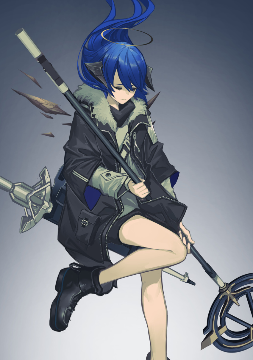 1girl arknights bangs black_footwear black_jacket black_shorts blue_hair boots brown_shirt closed_eyes closed_mouth commentary_request curled_horns eyebrows_behind_hair fixro2n gradient gradient_background grey_background hair_between_eyes halo highres holding holding_staff horns jacket long_hair long_sleeves mostima_(arknights) open_clothes open_jacket shaded_face shirt short_shorts shorts solo staff sword weapon
