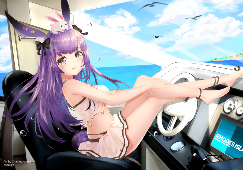 1girl :d absurdres animal_ears animal_on_head arknights bangs bare_arms bare_legs bare_shoulders barefoot bikini_skirt bird black_bow blue_sky bow breasts chinese_commentary clouds commentary_request day eyebrows_visible_through_hair hair_bow highres large_breasts long_hair looking_at_viewer miniskirt on_head open_mouth purple_hair rabbit rabbit_ears rope_(arknights) sitting skirt sky smile solo stomach thighs violet_eyes white_skirt zhuangfei_chali_bulangni