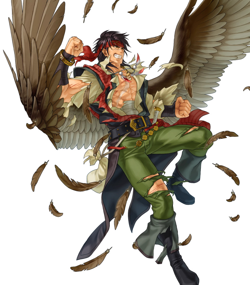 1boy abs alternate_costume bandages belt boots bracelet brown_hair dagger drink feathered_wings feathers fire_emblem fire_emblem:_radiant_dawn fire_emblem_heroes full_body headband highres injury jewelry kita_senri necklace official_art pointy_ears scar solo teeth tibarn_(fire_emblem) torn_clothes transparent_background weapon wings yellow_eyes